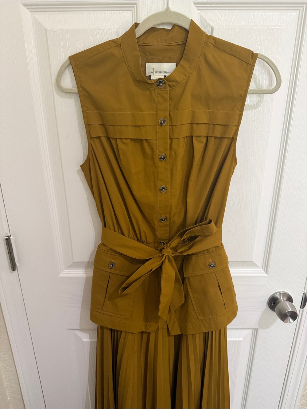 Anthropologie Sleeveless Belted Tea Length Dress - Mustard/Tan in Size Small - Picture 2 of 5